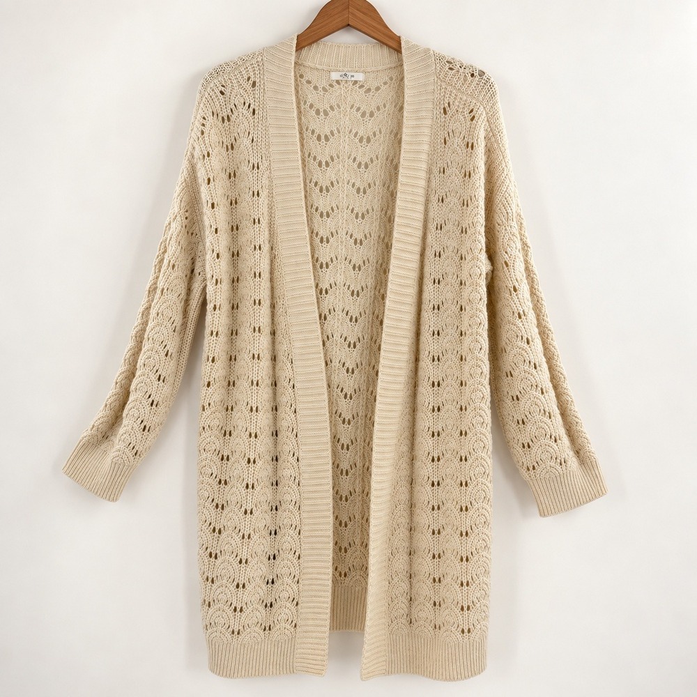 Maurices Boho Coastal Grandma Crochet Cardigan Womens XXL Cream Pointelle Long